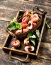 Ripe peaches on a tray. Royalty Free Stock Photo