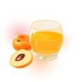 Ripe peaches, whole and cut open are near glass of juice. Nectarines, apricots fruits.