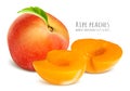 Ripe peaches, whole and half cut slices.