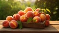 Ripe peaches in a wooden box on a wooden table in the garden. Generative AI Royalty Free Stock Photo