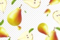 Ripe pear background. Flying juicy pear isolated on transparent background. Blurry effect. Can be used for wallpaper, banner,