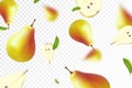 Ripe pear background. Flying juicy pear isolated on transparent background. Blurry effect. Can be used for wallpaper, banner,