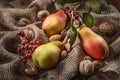 Ripe pear and a bunch of viburnum berries