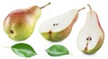 Ripe pear half of pear and pear leaves on white background. Clipping path