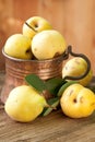 Ripe pears in copper jug Royalty Free Stock Photo