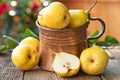 Ripe Pears with leaves on wooden table Royalty Free Stock Photo