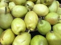 Ripe pears in a wicker basket on a market stall Royalty Free Stock Photo