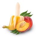 Ripe peeled banana and sweet peach one cut in half with leaves