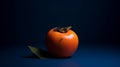 ripe persimmon on a dark blue background with a leaf