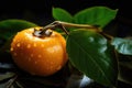 Ripe persimmon with foliage and drops