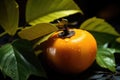 Ripe persimmon with foliage and drops