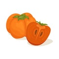 Ripe persimmon with a green leaf. Vector illustration of fruit Royalty Free Stock Photo