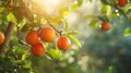 Ripe persimmons hanging from the tree. Vibrant orange color of the fruit against the green leaves, with sunlight Royalty Free Stock Photo