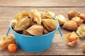 Ripe physalis on grey wooden background. Top view