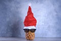 Ripe pineapple, ananas with glasess in Santa`s hat. New Year fruit concept