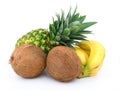 Ripe pineapple, bunch of bananas and coconut Royalty Free Stock Photo