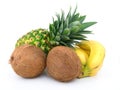 Ripe pineapple, bunch of bananas and coconut Royalty Free Stock Photo