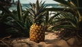 Ripe pineapple on green leaf, symbol of tropical freshness generated by AI