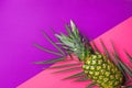 Ripe pineapple on green palm leaf on duotone fuchsia pink vibrant violet background. Trendy funky style neon colors. Summer