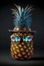 Ripe pineapple in hat with sunglasses on black background. Palm and sky reflection in mirror sunglasses. AI generative Royalty Free Stock Photo