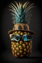 Pineapple in hat with sunglasses on black background. Palm and sky reflection in mirror sunglasses. AI generative Royalty Free Stock Photo