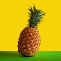 Ripe pineapple on a square frame. Yellow background. Copy space. Concept of advertising of tropical fruits or picture for Royalty Free Stock Photo