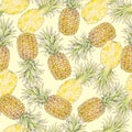 Ripe pineapples are isolated on a yellow background. Watercolor illustration. Handwork exotic summer draw. Seamless pattern