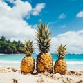 Ripe pineapples on the sandy tropical beach Leisure in summer and Summer vacation concept. vintage color tone. family Royalty Free Stock Photo