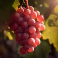 Ripe pink grapes in vineyard growing naturally, pink grapes on vine in garden, generative AI