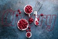 Ripe pitted cherries, frozen fruits and berries on a dark background. A place for text, a view from above. Flat lay Royalty Free Stock Photo