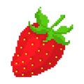 Ripe pixel strawberry. Red freshness berry with yellow vitamin seeds and green leaves.