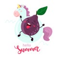 Ripe plum on the unicorn rubber ring. Vector illustration in cartoon style. Hello summer, calligraphy.