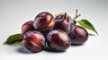 Ripe plums on with leaves on white background. Generative AI Royalty Free Stock Photo