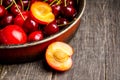 Ripe plums, nectarines and cherries in rustic pan Royalty Free Stock Photo