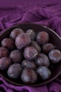 Ripe plums on a plate - dark purple composition Royalty Free Stock Photo