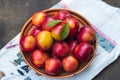 Ripe plums in a plate. Plate with plums on the table.