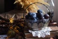 Ripe Plums In A Vintage Metal And Glass Basket Stand On Old Books Near The Window. There Are Warm Clothes, Fire And A Kerosene