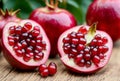 A ripe pomegranate bursts open, revealing its jewel-like seeds glistening with juice, a tantalizing display of vibrant