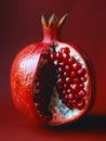 Ripe pomegranate cut open displaying seeds, red background. Royalty Free Stock Photo