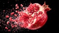 Ripe pomegranate exploding and splashing on black background Royalty Free Stock Photo