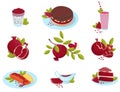 Ripe pomegranate, fresh fruit food desserts and sauces set, delicious garnet dishes vector Illustrations on a white