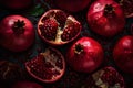 Ripe pomegranate fruit on dark rustic background, top view