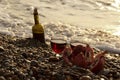 Ripe pomegranate fruit with a glass of wine and a bottle on the beach. Romantic day at the seaside. Royalty Free Stock Photo