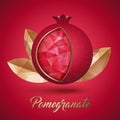 Ripe pomegranate fruit and three golden leaves Royalty Free Stock Photo