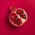 Ripe pomegranate on a red background, top view.