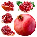 Ripe pomegranate, section and leaves isolated on a white. Collec Royalty Free Stock Photo