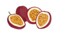 Ripe pulpy passion fruits isolated on white. Juicy sweet flesh with seeds of ripened passionfruit halves. Exotic