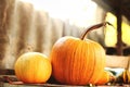 Ripe pumpkins on a shelf in the barn in the fall