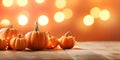 Ripe pumpkins on wooden table. Autumn background of the Thanksgiving greeting card. Space for copying. Generative AI