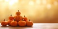 Ripe pumpkins on wooden table. Autumn background of the Thanksgiving greeting card. Space for copying. Generative AI